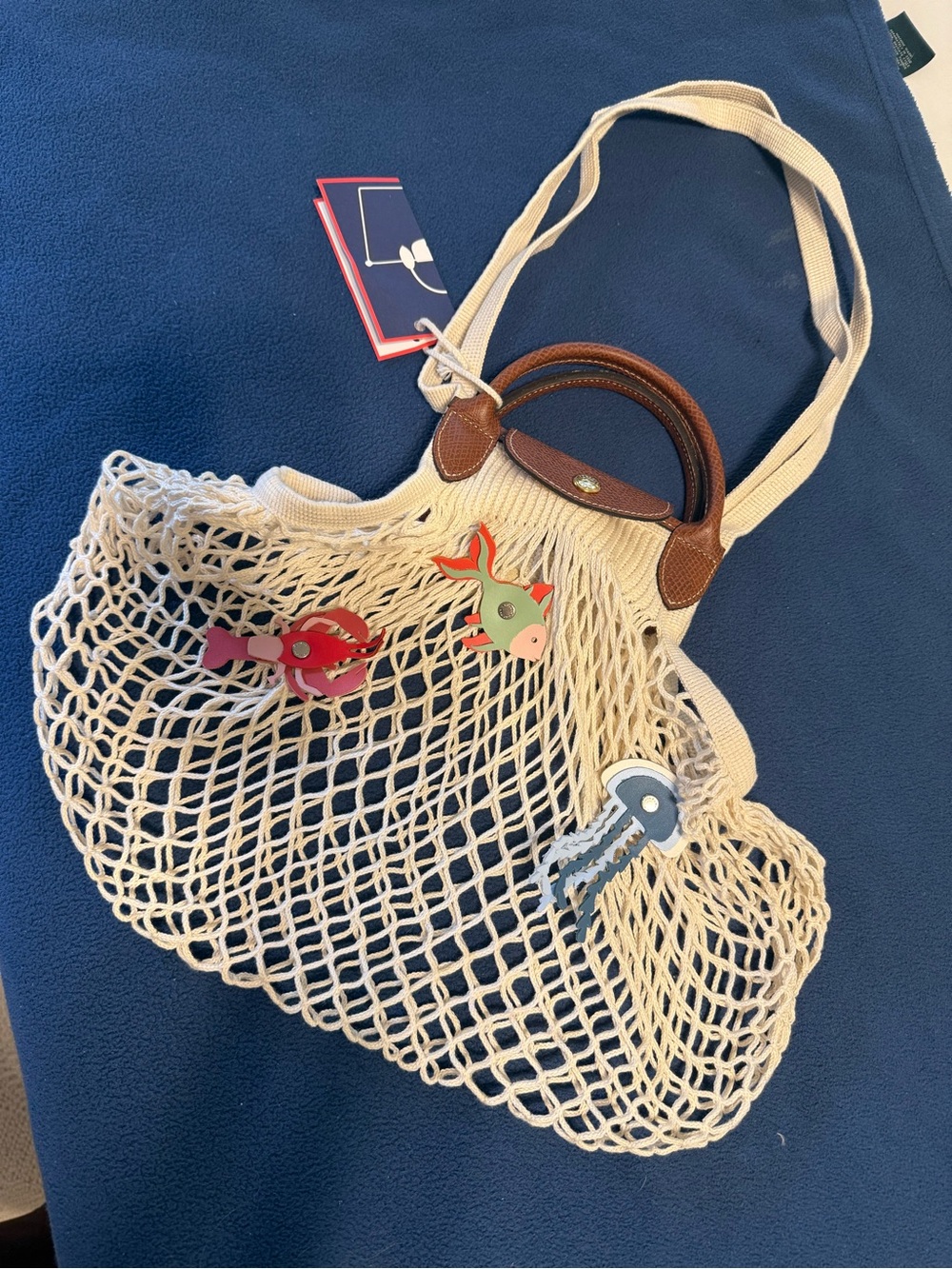 Longchamp Cream Net Tote with Brown Leather Handles and Playful Charms - *NWT*